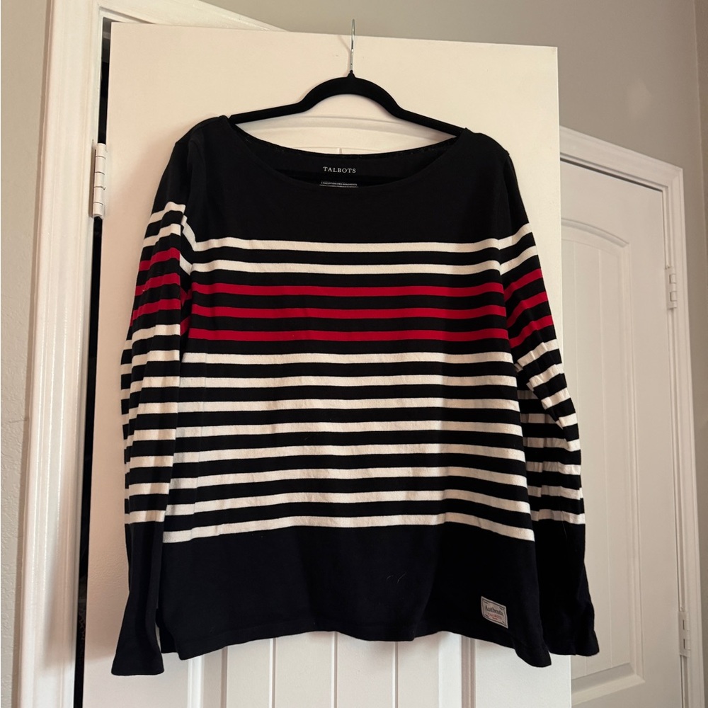 Talbots Black Striped Boatneck Sweater with Red Accents